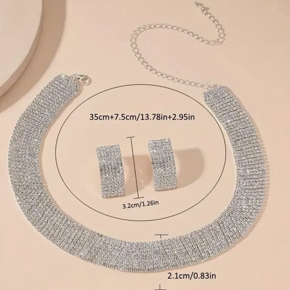 3pc Rhinestone Necklace & Earrring Set Silver Plated Inlaid Jewelry for Women - Picture 5 of 6